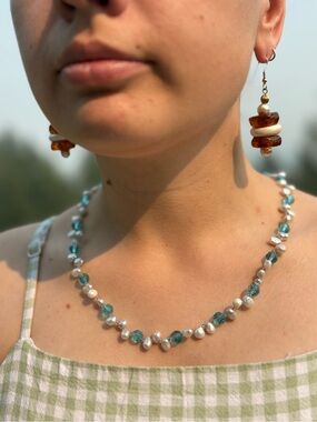 Ladies Honora Genuine Pearl Necklace Crystal blue Beads Sterling Silver Clasp